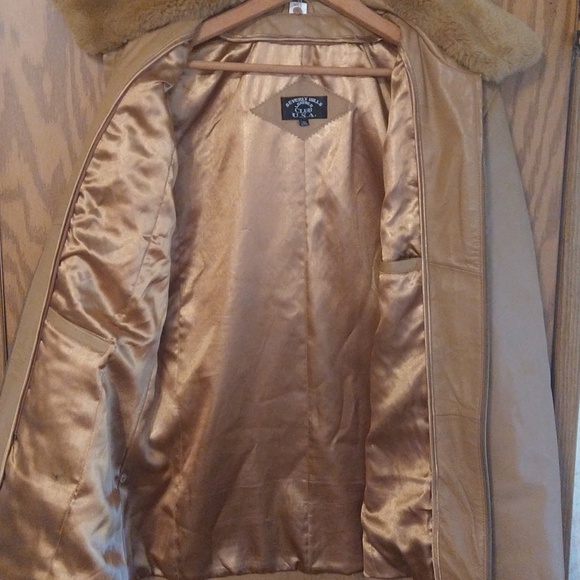 Camel Leather Jacket Removable Faux Fur Collar 2XL - Picture 3 of 6